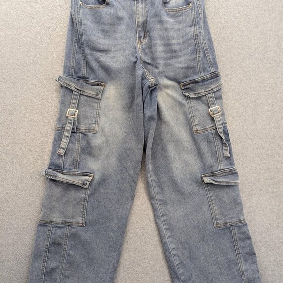 Red Bottoms Jeans Womens 14 Blue Cargo Denim Buckle Strap Wide Leg Baggy Y2K - Picture 1 of 16